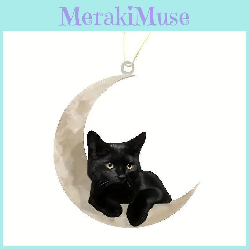 Delightful Moon Acrylic Black Cat Car Charm Unique Keyring Decoration For Bags And Cars