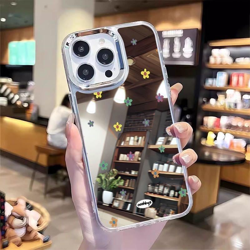 Small Floral Print Makeup Mirror Phone Case For IPhone 17 16 15 14 Pro Max 13 12 11 Air 17e 16e Protective Anti-slip Cover