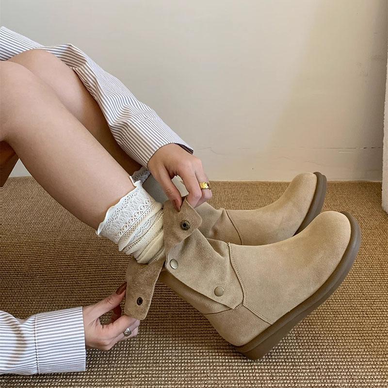 Comemore Soft Suede Leather Thick Bottom Retro Short Boots for Women Autumn Winter Casual Flat Button Casual Stacked Botines