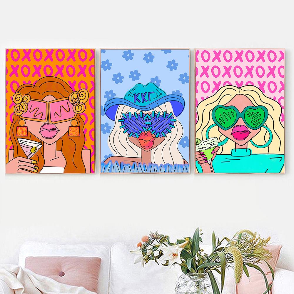 Preppy Funky Girl Portrait Wall Art Canvas Painting Fashion Cartoon Woman Avatar Poster Pictures Modern Dorm Decor Prints