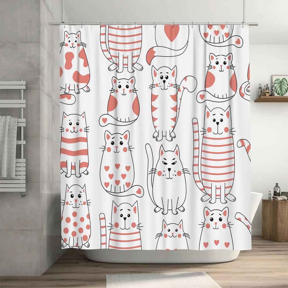 Cat Print Shower Curtain Striped Pink Hearts Pattern Waterproof Fabric Waterproof Bath Rugs Decor For Home Decoration