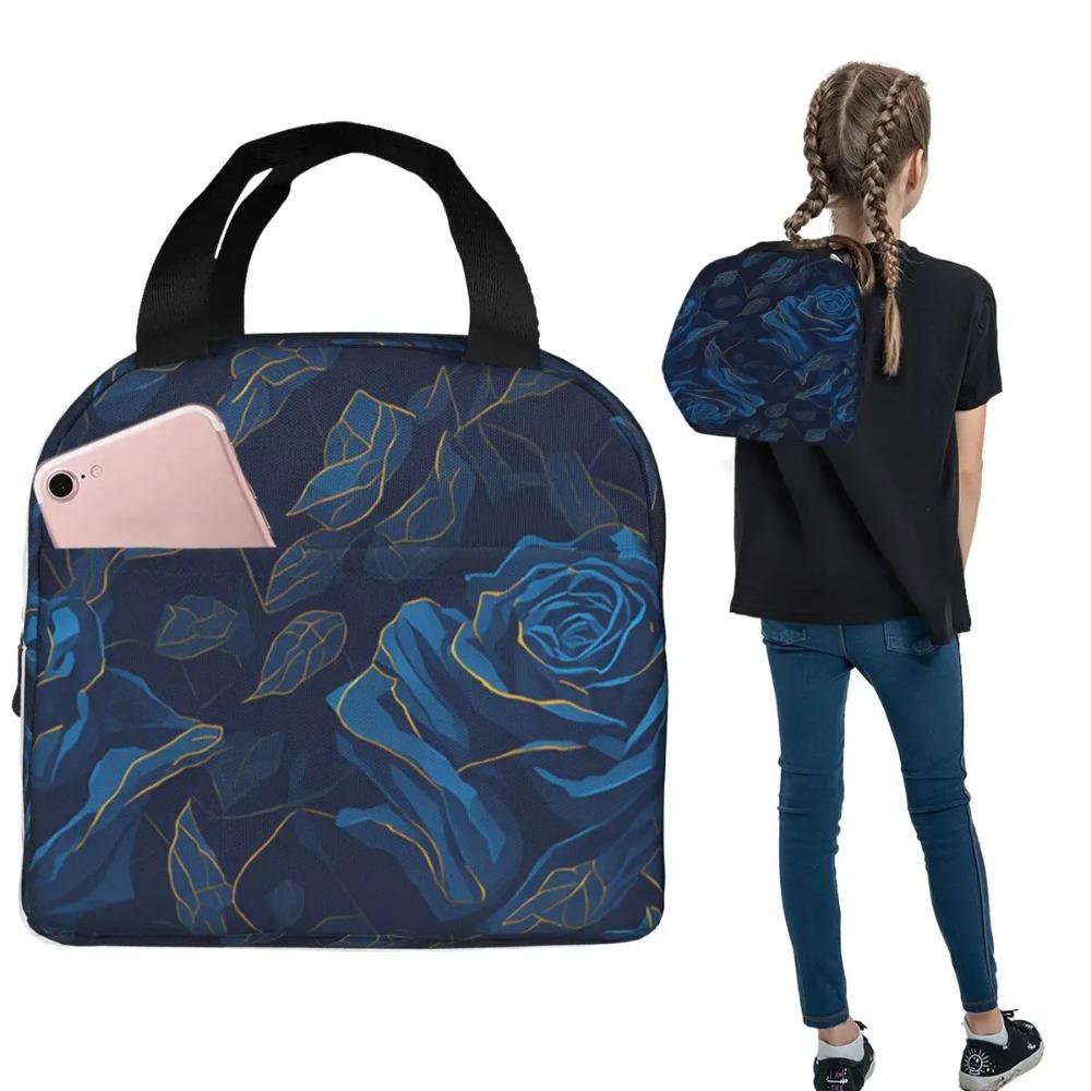 Vintage Blue Rose Pattern Insulated Lunch Bag for Women Kids Leakproof Food Boxes Thermal Lunch Box Tote