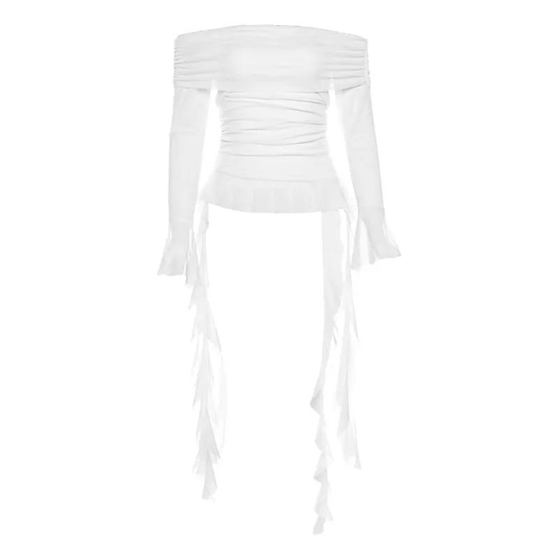 Women's Gothic Off-Shoulder Ruffle Top Mesh Long Sleeve Ruched Ruffle Trim BlouseCasual