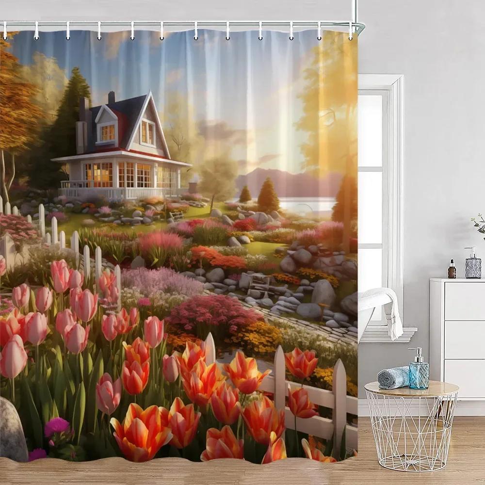 Colorful Flowers Green Plants Shower Curtain Trees Spring Landscape River Tulip Bathroom Curtain Polyester Bathroom Decoration