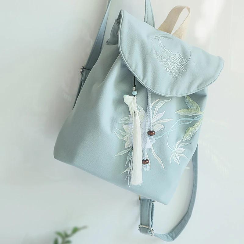 15 Inch Retro Chinese Style Canvas Backpack Handmade Embroidery Hanfu Artistic Zipper Drawstring Laptop Backpack for Women