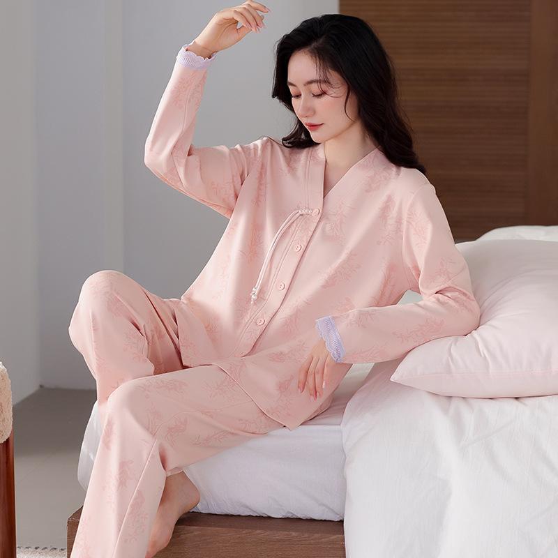 Pure cotton pajamas women's spring and autumn long-sleeved cardigan women's autumn new Chinese V-neck national style loungewear large size set