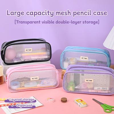 Astuccio in Rete Trasparente Visibile Portatile Grande Capacità Unisex Scatola Porta Cancelleria dall'Aspetto Curato Semplice Studente Pen Bo