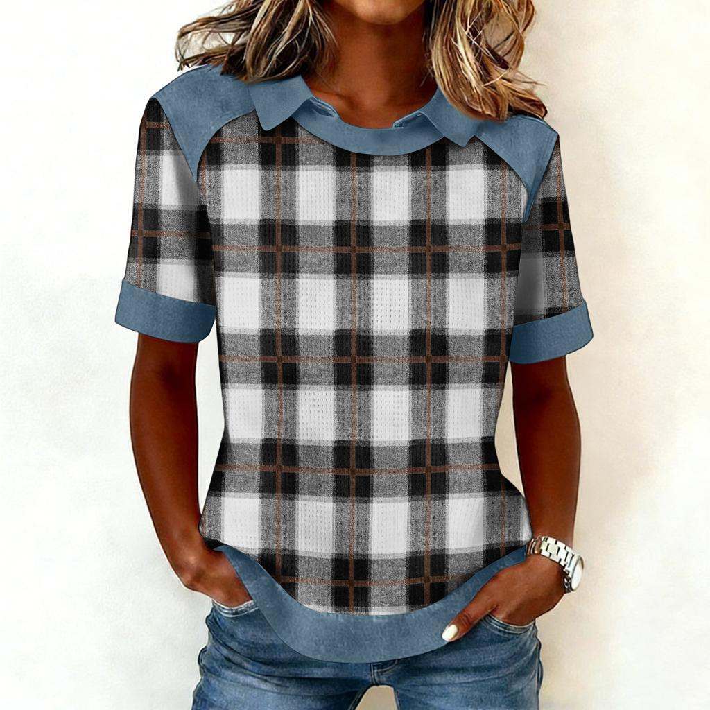 Women's Fashion Collar Cowboy Splicing Sweatshirt Casual Printed Hoodie Short Sleeve Shirt Top