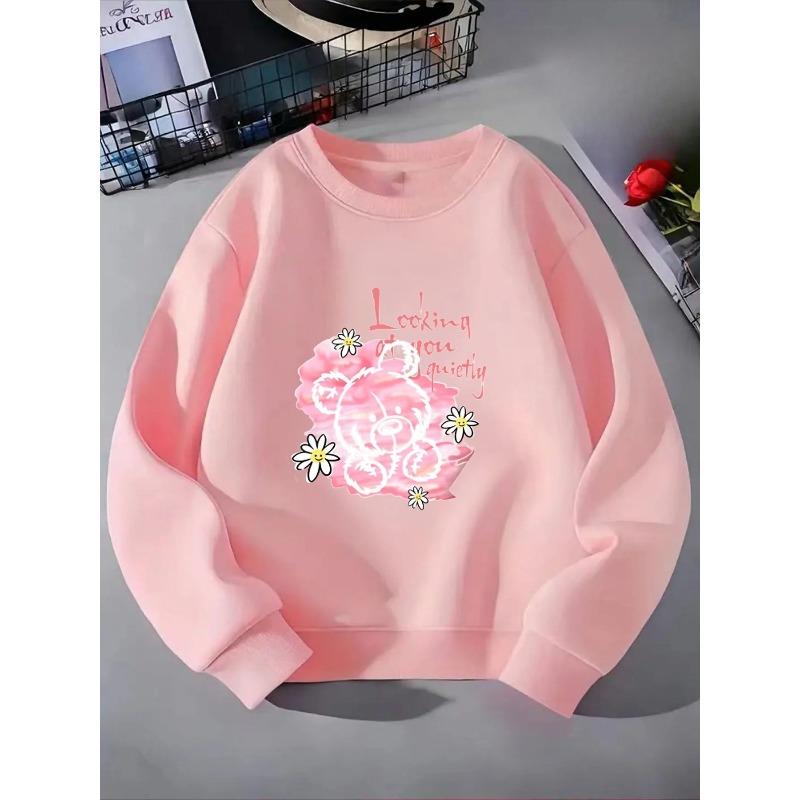 Kids Crewneck Sweatshirt, Pink Bear with Daisies & Letter PrintSpring Autumn Casual Sport Tops