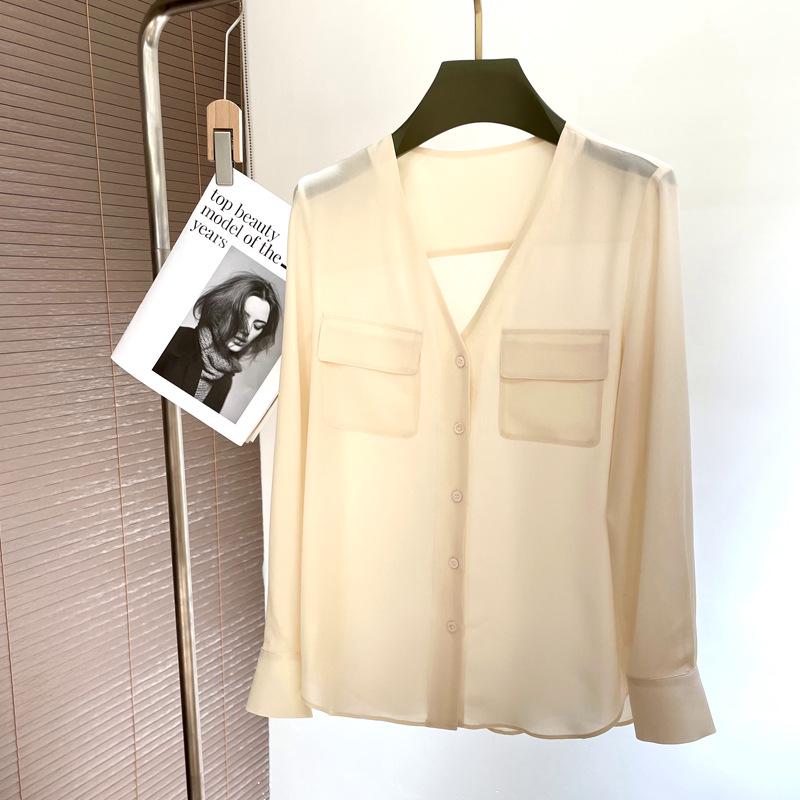 

Шелковая женская рубашка с длинным рукавом и V-образным вырезом - весна/лето 2025 г. Шелковый топ Mulberry