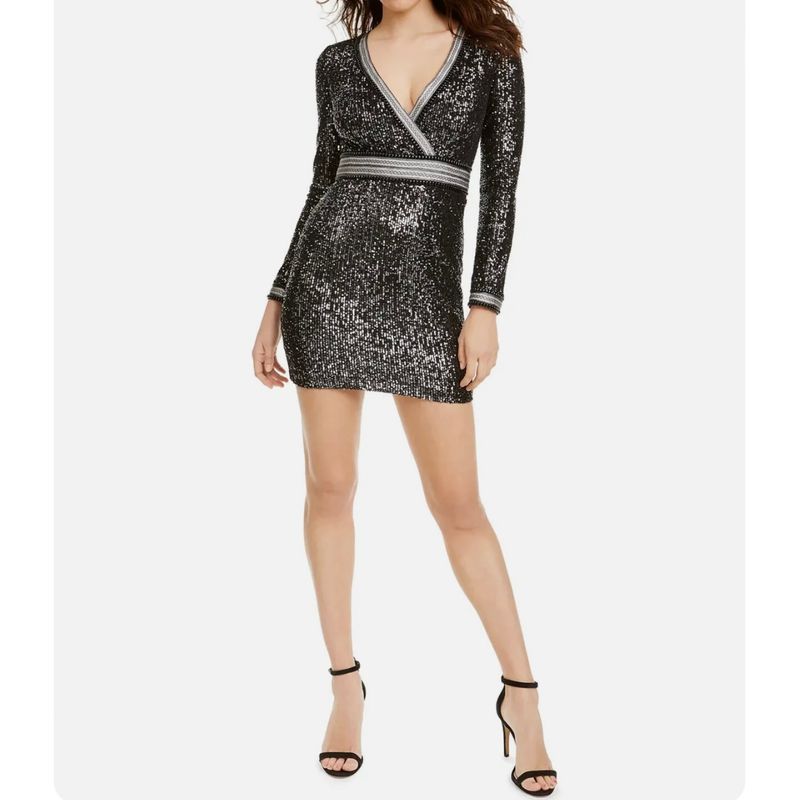 

Export Single G Home Heavy Embroidery Sequins Rivet All-Matching Embroidered V Neck Waist Trimming Fashion Spring New Arrival Shiny Dress Female Black S