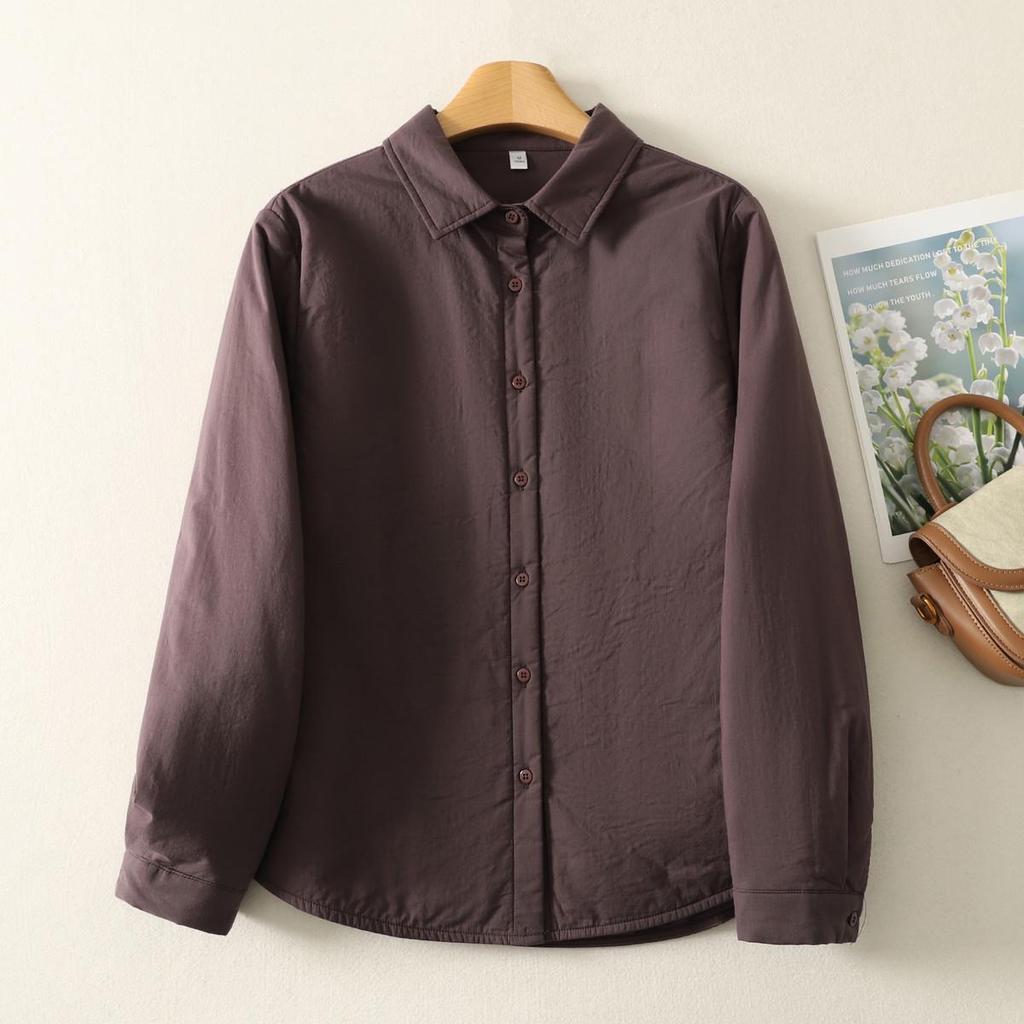 Women's Solid Color Cotton-Padded Shirt Jacket with Pointed Collar - Autumn/Winter Warm Top 86551