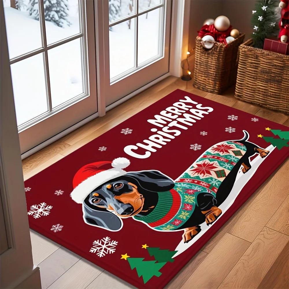 VIKAMA Holiday Dachshund Dog Christmas Welcome Mat Non Skid Entrance Mat for Living Room Bedroom Dining Room Kitchen Home Decor