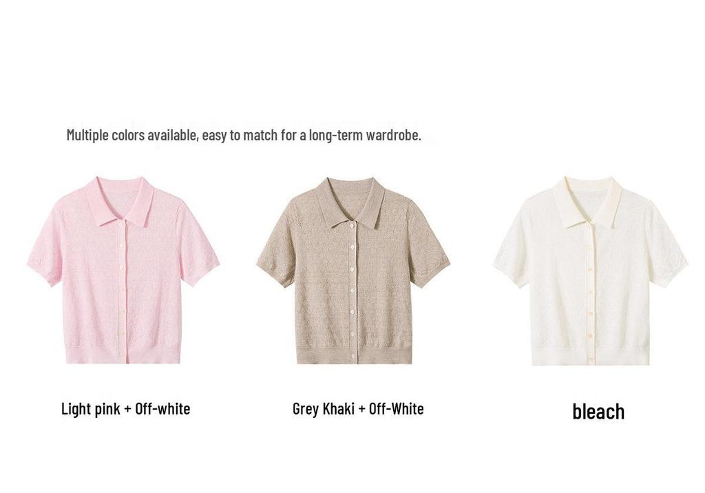 Women's Short Sleeve French POLO Collar Diamond Jacquard Knit Top - 54.7% Wool, 45.3% Linen