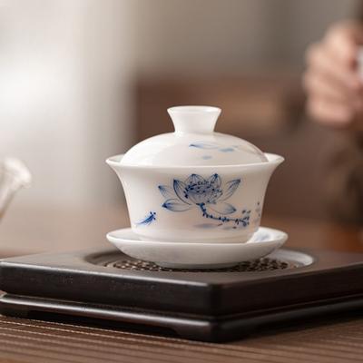 Sancai Cover Bowl Dehua White Porcelain Tea Bowl Chinese-style Household High-end Large-capacity Hover Cover Bowl Tea
