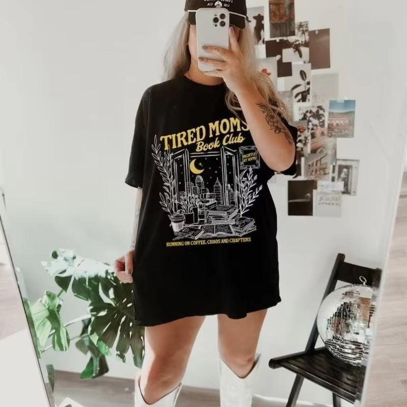Tired Moms Book Club Vintage Women TShirt Unisex Cotton Tee Casual Harajuku Summer RUNNING ON COFFEE CHAOS AND CHAPTERS S