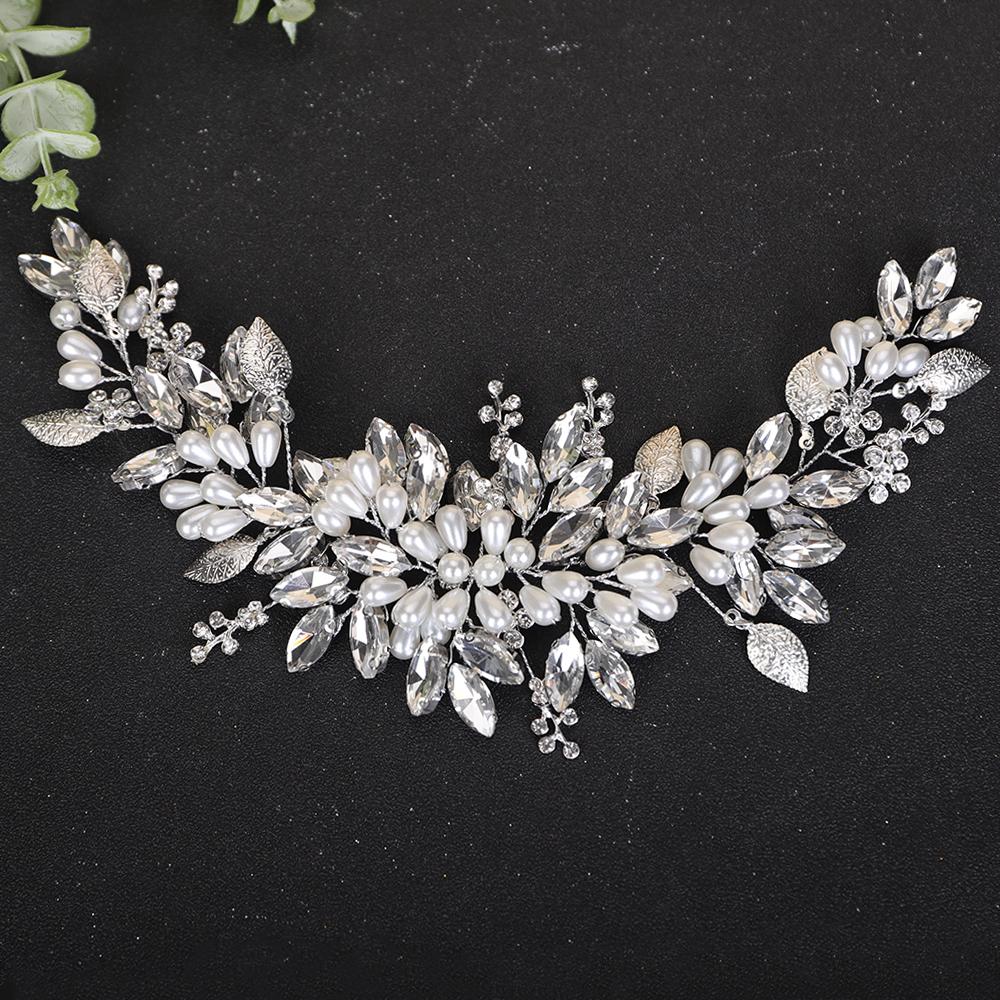 Trendy Silver Rhinestone Bridal Headband Handmade Pearl Wedding Hair Accessories Opal Party Tiaras Head Jewelry for Women Girls