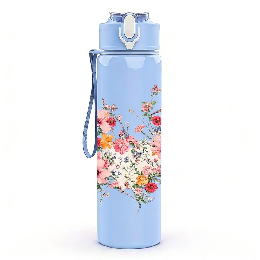 1PC Loose Soft Pastel Flower Cluster Print 750ml Color Plastic Sports Water Bottle Leakproof Flip Straw Lid Suitable for Sports Office Home Use