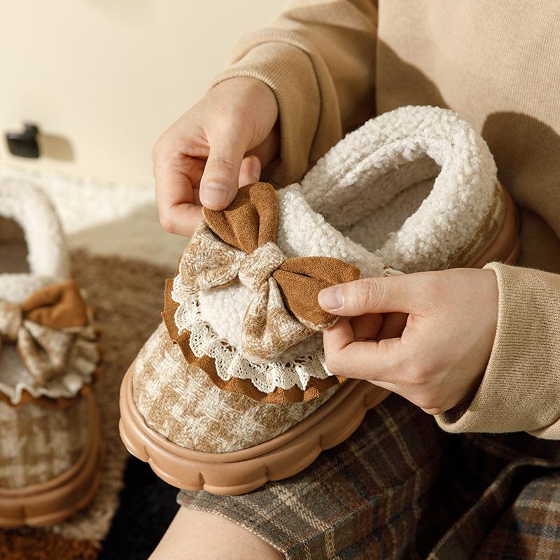 Bow cotton slippers 2025 new indoor home thick-bottomed velvet thermal bag and slippers winter
