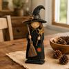 Hand Painted Witch Figurine with Black Cat Wooden Ornament, Retro Halloween Broom/Pumpkin/Black Detailed Carving Cat, Creative Tabletop Centerpiece