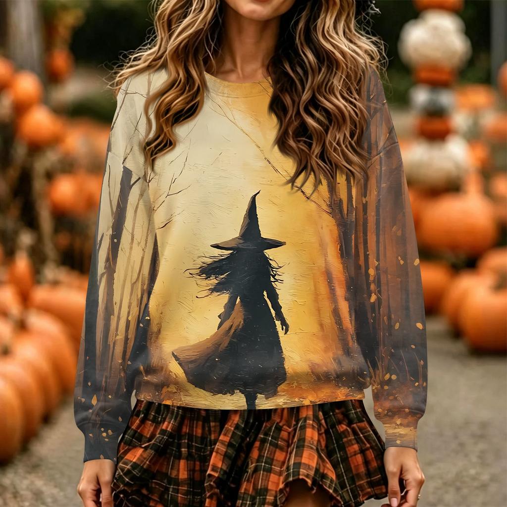 Women's Halloween Print Neck Pullover Sweatshirt, Long Sleeve Casual Fashion Top