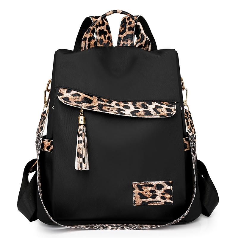 Nylon Leopard Print Women's Anti-theft Backpack Tassel Large Capacity Color Contrast Travel Backpack