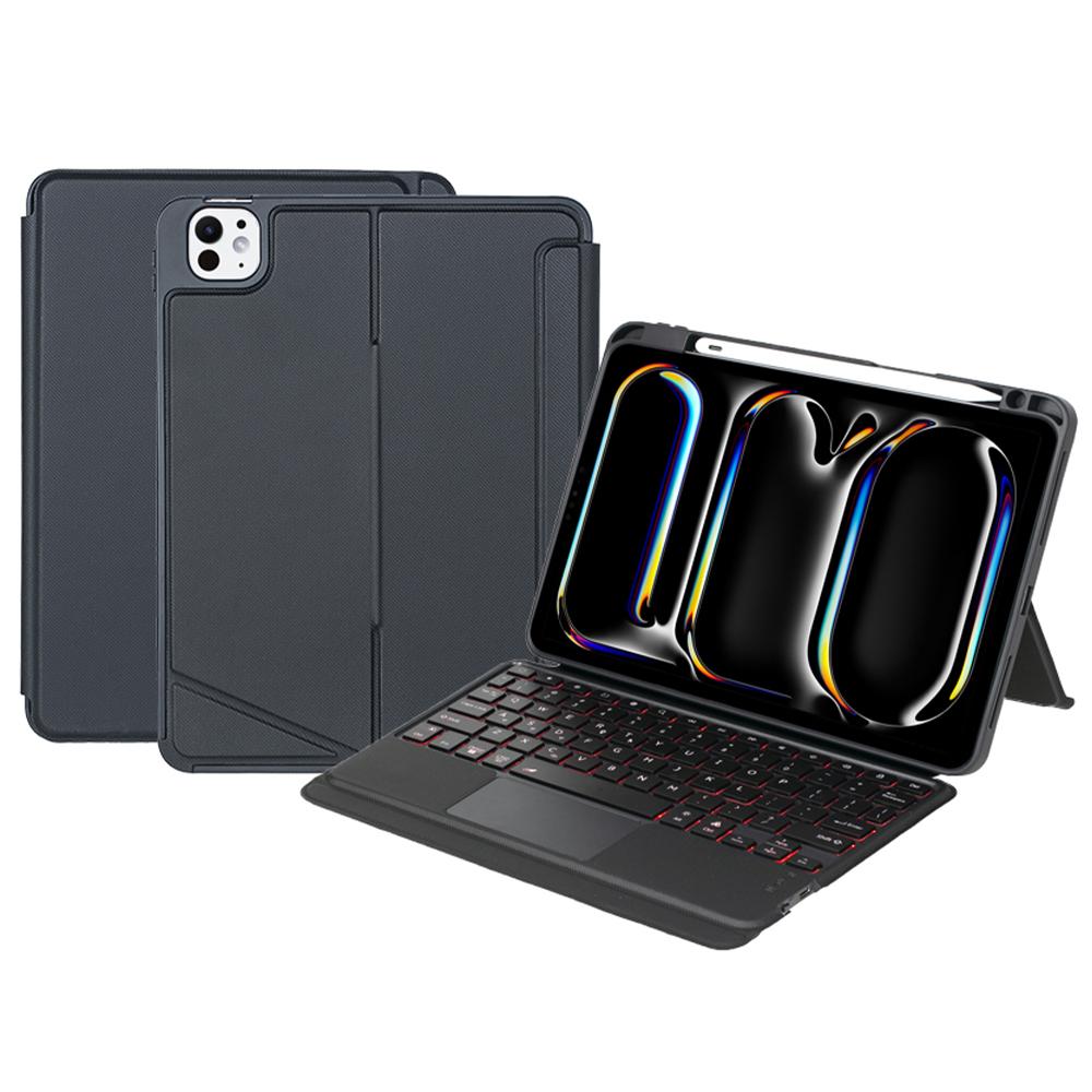

T13B-AS For iPad Pro 11 (2024) Pen Slot Design Rotation Shaft Stand Leather Tablet Cover+Backlit Touchpad Bluetooth-compatible Keyboard A
