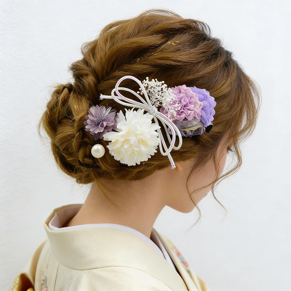 FASELE Hair Accessories Set of 6: Artificial Flowers, Hairpins, U-pins, Ping Pong Chrysanthemums, Baby's Breath, Bow Knots, for Coming-of-Age