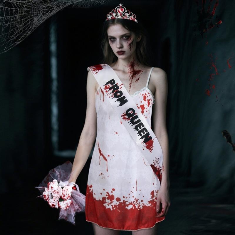 Halloween Abschlussballkönigin Kostüm Blutiges Nachthemd Kleid Abschlussballkönigin Schärpe Kronen Stirnband Cosplay Verkleidungsparty Zubehör