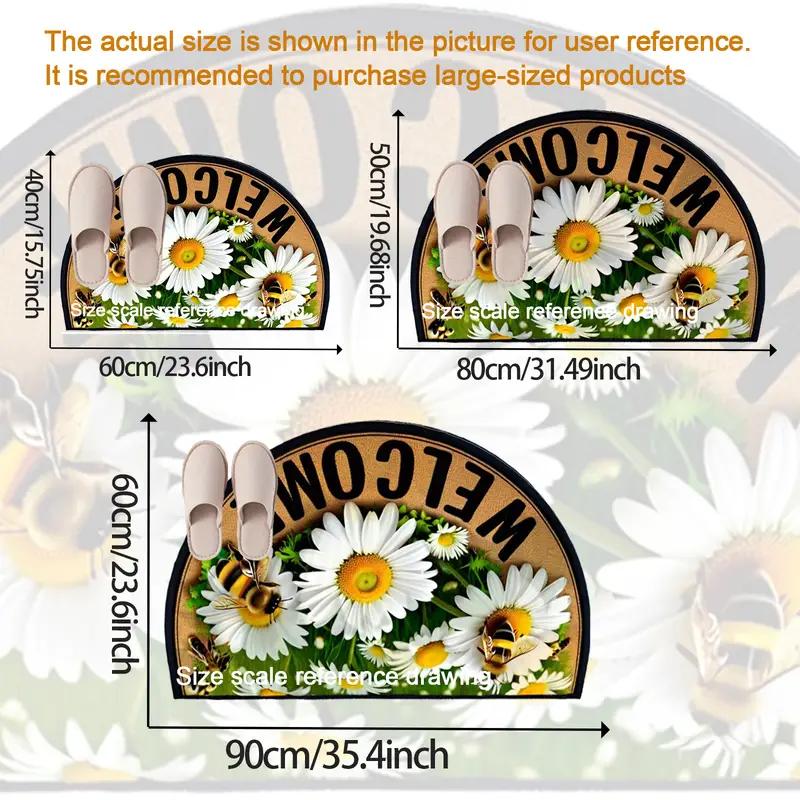 60*90cm Charming Bee & Floral Welcome Mat - Non-Slip Durable Semi-Circular Door Mat -Multiple Sizes Available, Bee Kitchen Decor Mat