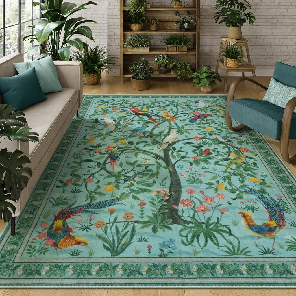 Green Living Room Carpet Bedroom Bedside Floor Mat Large Area Machine Washable Carpets Forest Bird Spring Home Decoration Rug