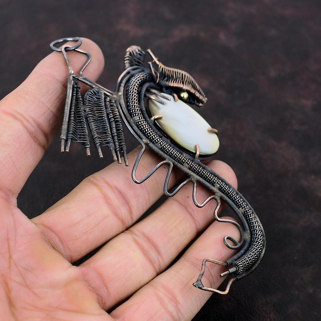 Mother Of Pearl Pendant Copper Wire Wrapped Pendant Dragon Pendant Handmade Copper Wire Jewelry Gemstone Pendant For Gift Birthstone Jewelry