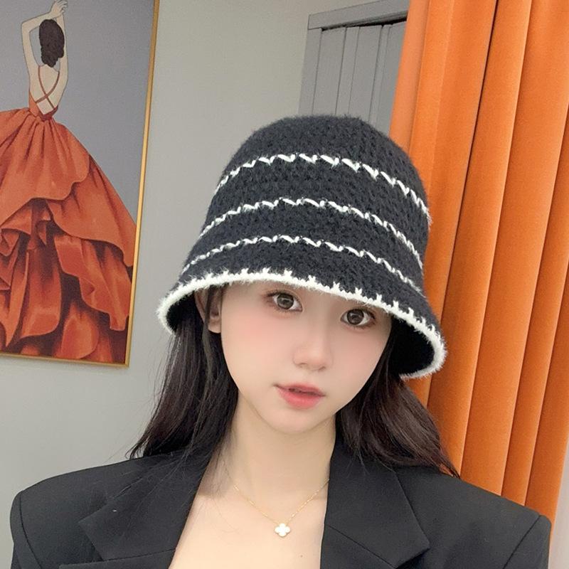 Female Striped Color blocking Fisherman Hat Showing Face Small and Versatile Simple Casual Bucket Hat Fashionable Basin Hat