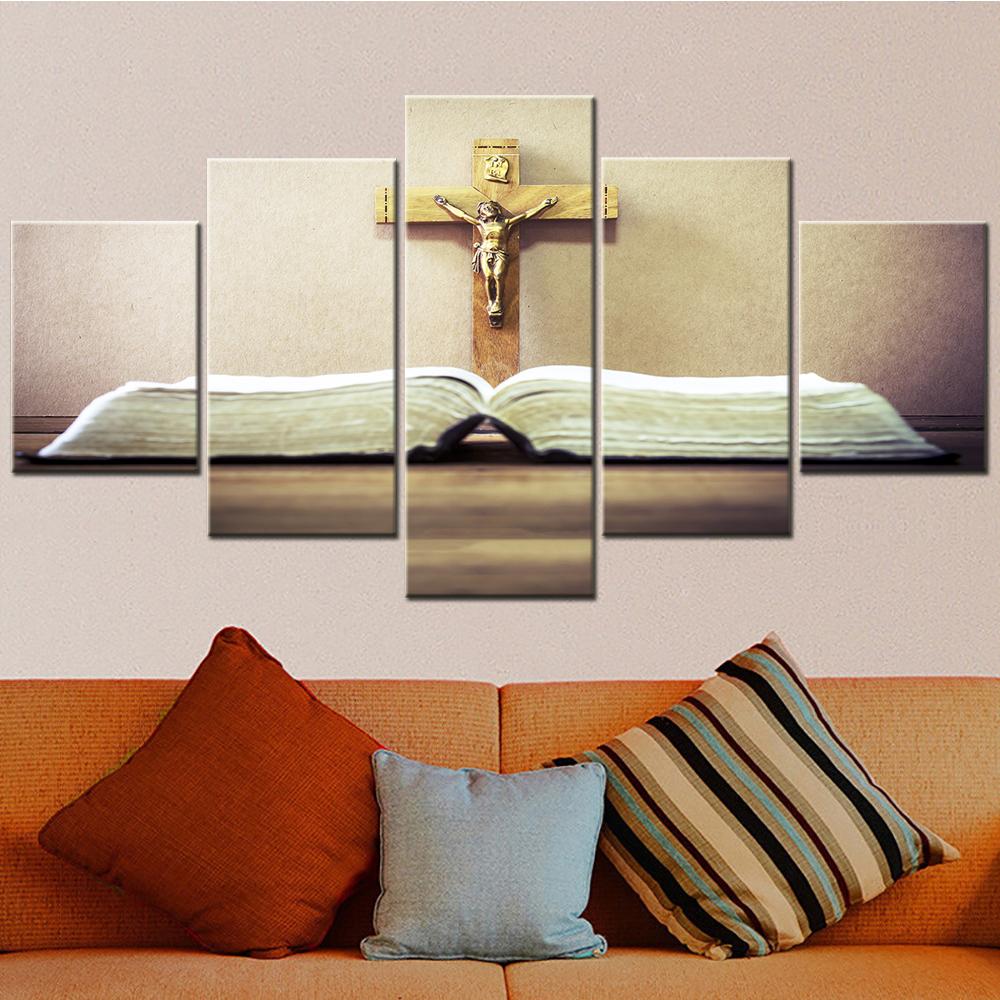 Cross on Bible Wall Art Canvas Set Christian Home Decoration Accessories Modular Posters on the Wall Aesthetic Room Decor