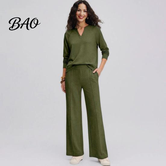 Women Gym Clothing Sweatshirt Pants 2-Piece Set, V-Neck Long Sleeve Top & Wide Lounge Sets Leg Trousers with Elastic Waist, Solid Color Matching