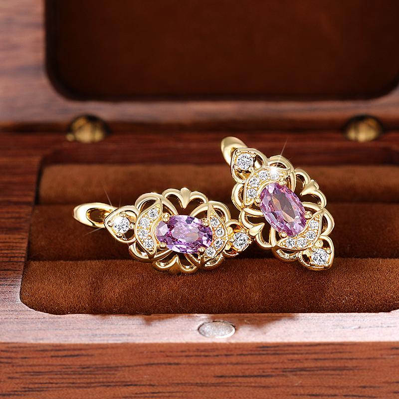 Huitan Aesthetic Women's Hoop Earrings Hollow Pattern Oval Purple CZ Elegant Female Earrings Anniversary Party Trendy Jewelry