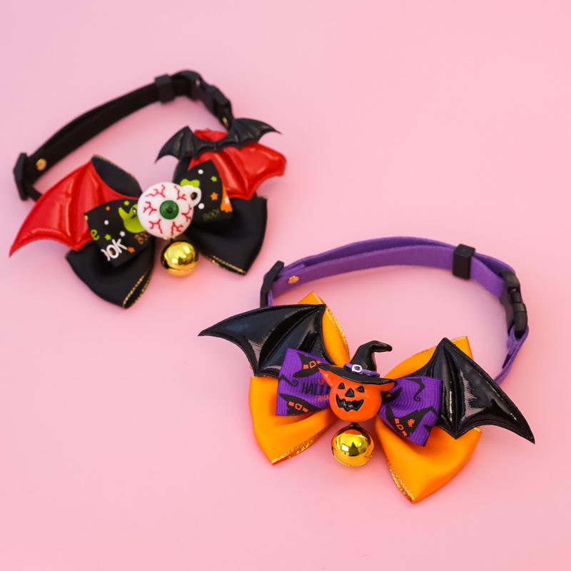 New Adjustable Bat Wings & Eyeball Bow Tie Pet Collar with Bell for Cats & Large Dogs, Scary and Funny Trick-or-Treat Halloween