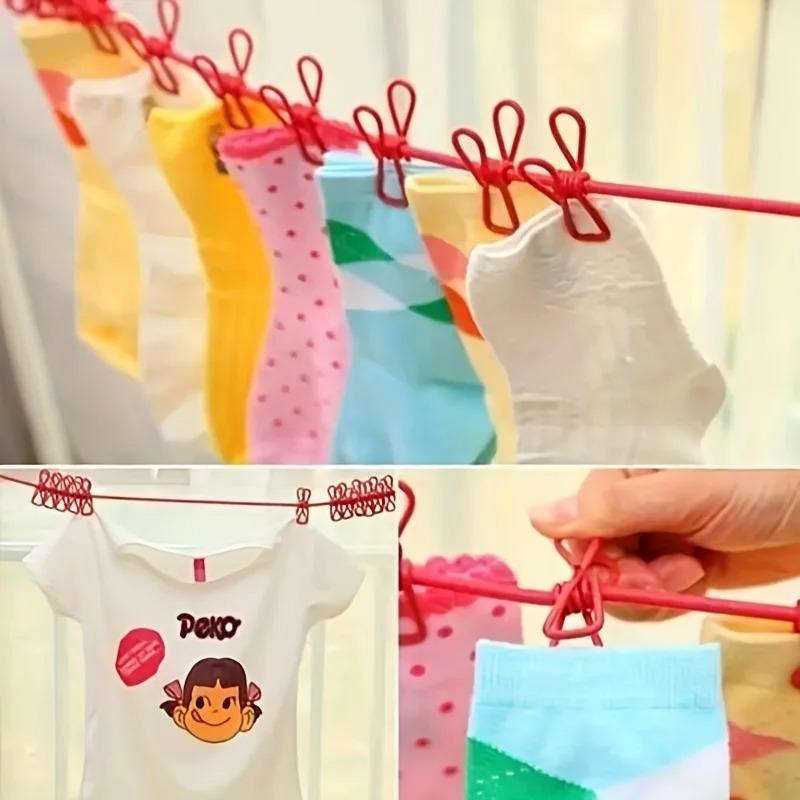 1pcs Portable Clothesline with 12 Clips Polychrome Outdoor No Punching Required Travel Camp Retractable Clothes Rope Drying Rack