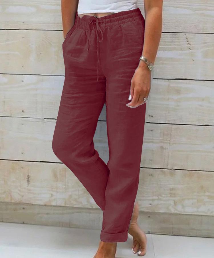 2024 Summer Elastic Waist Cotton Linen Wide-Leg Pants – Women's Loose-Fit Solid Color Trousers