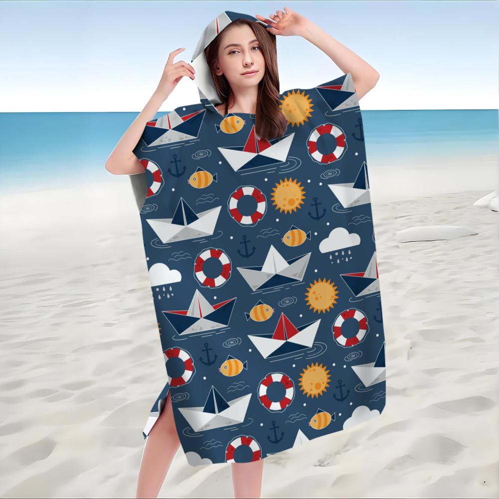 Cartoon Boat Hooded Beach Towel Robe Soft Absorbent Quick Dry Bathrobe for Travel Camping