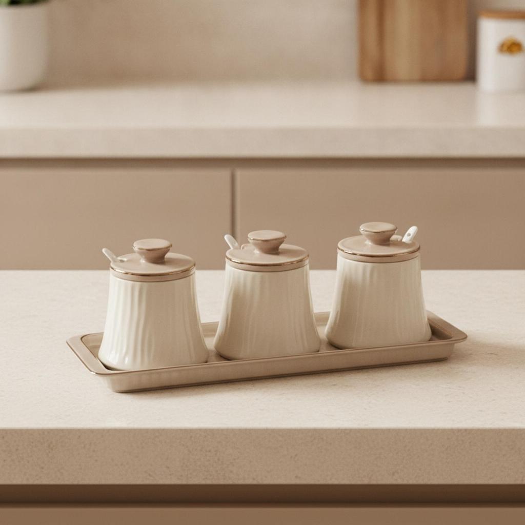 3 Pieces Ceramic Seasoning Jar with Lid Countertop Condiment Organizer Tray