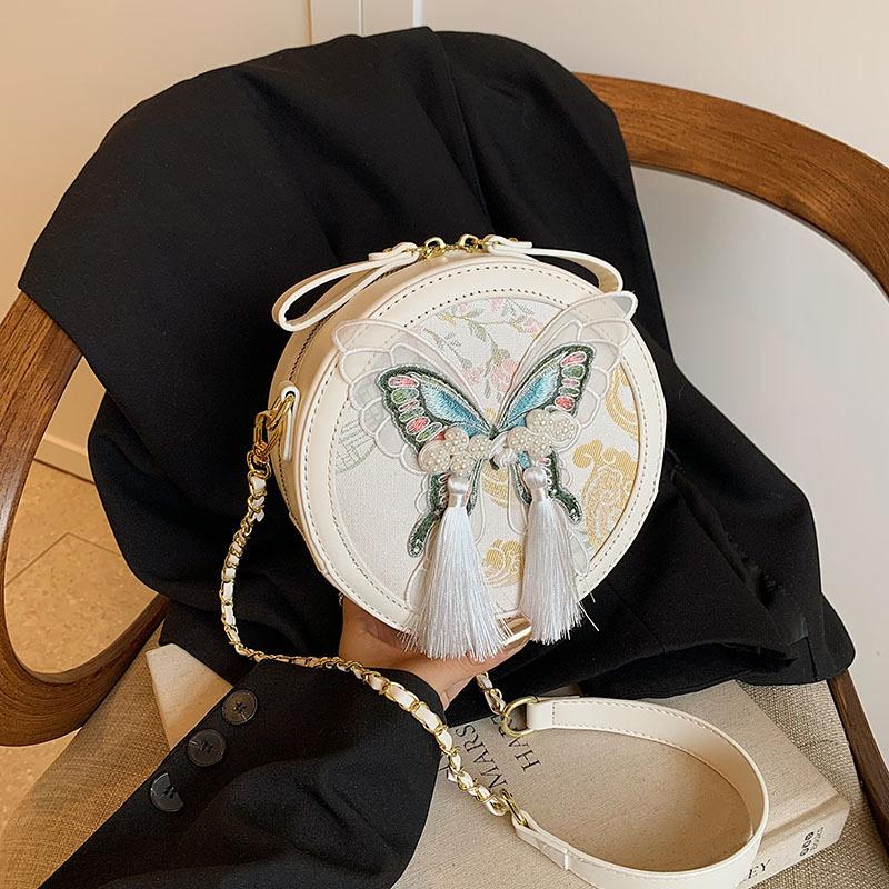 Women's Tassel Small Round Shoulder Bag Embroidery Butterfly Chain Bag For Women Summer Handbag