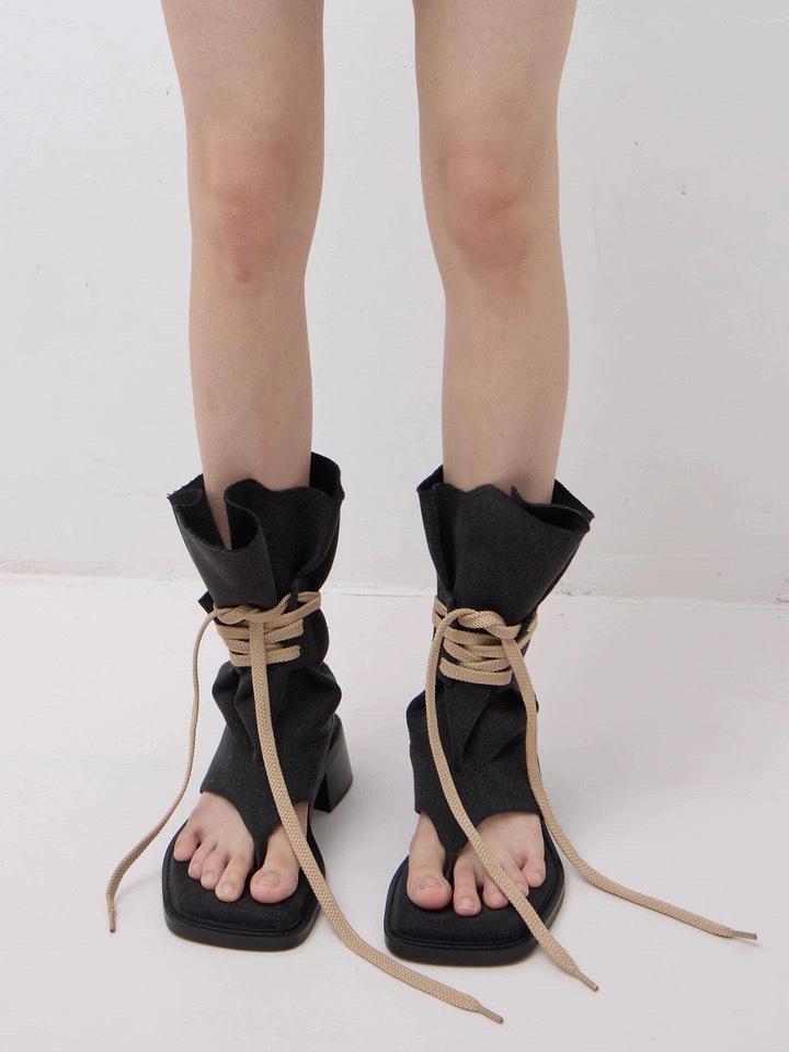 Summer New Straps Versatile Herringbone Stacking Boots for Women, Thin Thick-soled Toes, Cool Boots for Women