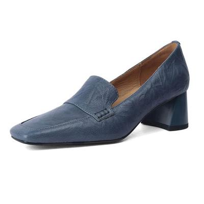Sheepskin Square Toe Med Heels Spring Shoes Loafers Slip On Brogue Leisure Women Pumps