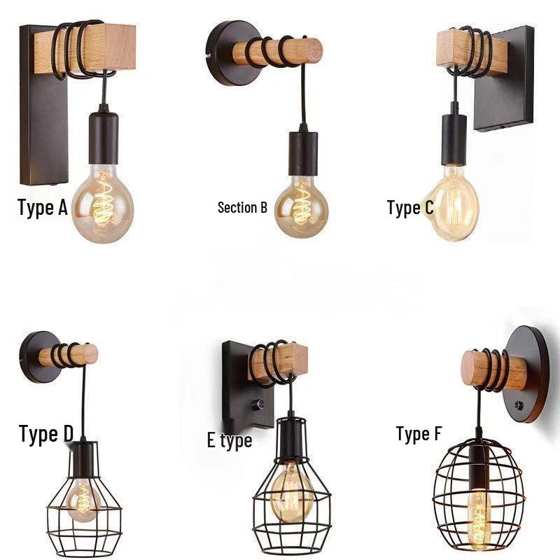 American Iron Art Wood Wall Lamp, E27 Single Head - Bedroom, Hallway, Corridor