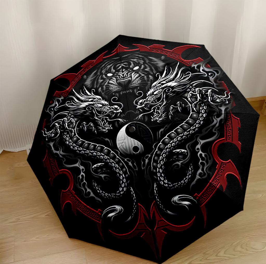 Red Dragon Circle Portable Automatic Umbrella Compact & Durable 8-Rib Design Lightweight Travel Essential Elegant Women's Umbrella