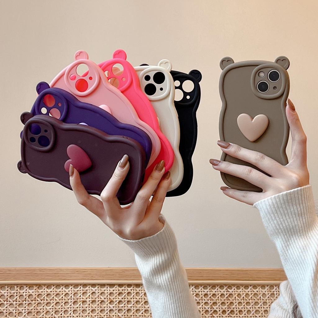 Bear Ears 3D Heart Compatible with iPhone 16 Pro Max Apple 17 Phone Case 15/14 Matte Soft Case