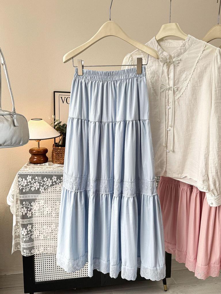 Elegant Hollow Lace Embroidery Patchwork High-Waisted A-Line Midi Skirt - 2026 Versatile Women's Fashion in White