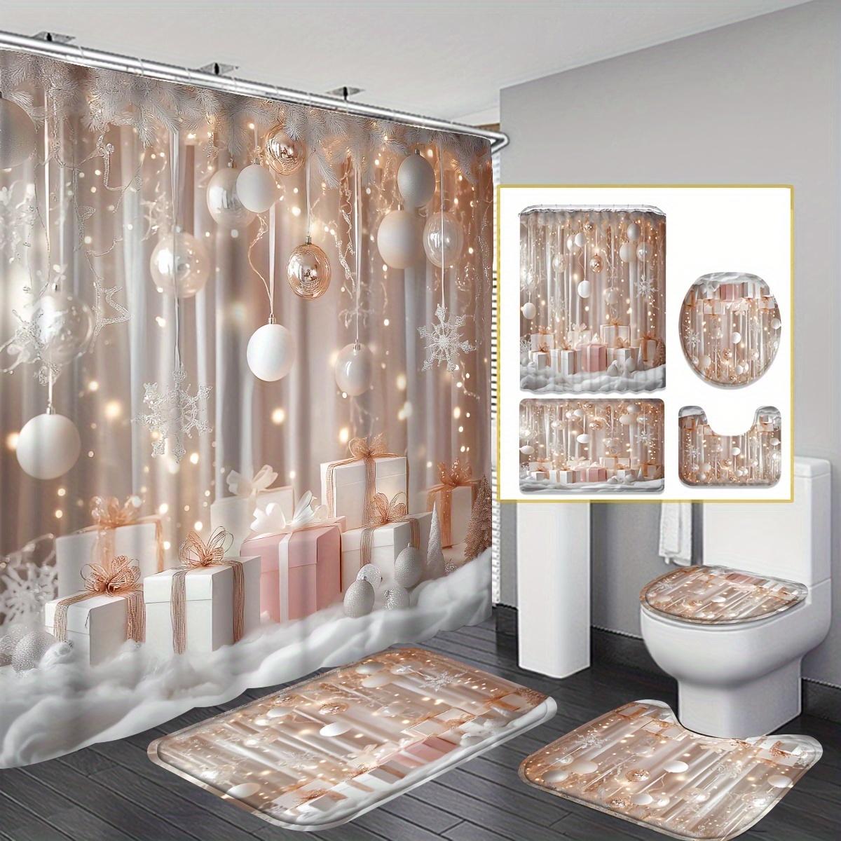 

4Pcs Xmas Pink Bath Set, Elegant Holiday Scene Curtain, 12 Hooks, Non-Slip Mat, U-Shaped Toilet Cover, Perfect Xmas Gift W120xH180cm