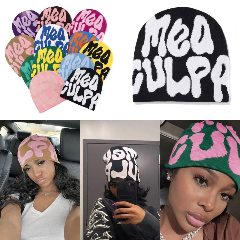Mea Culpa Trendy Letter Print Beanies Knit  Hat Streetwear Cap Outfit Women Girl